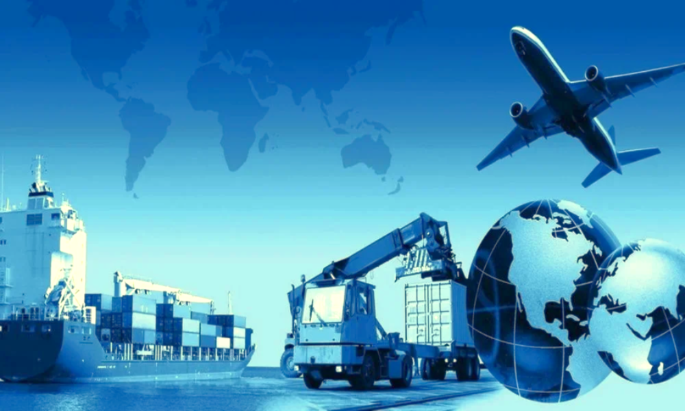 Global freight and logistics network — ship, air freight and container handling